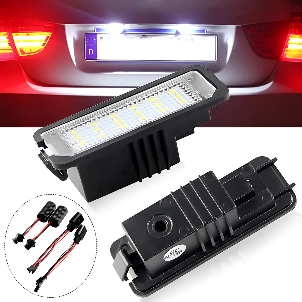 Volkswagen LED licence plate light upgrade kit for Golf, Polo, Phaeton models with white light.