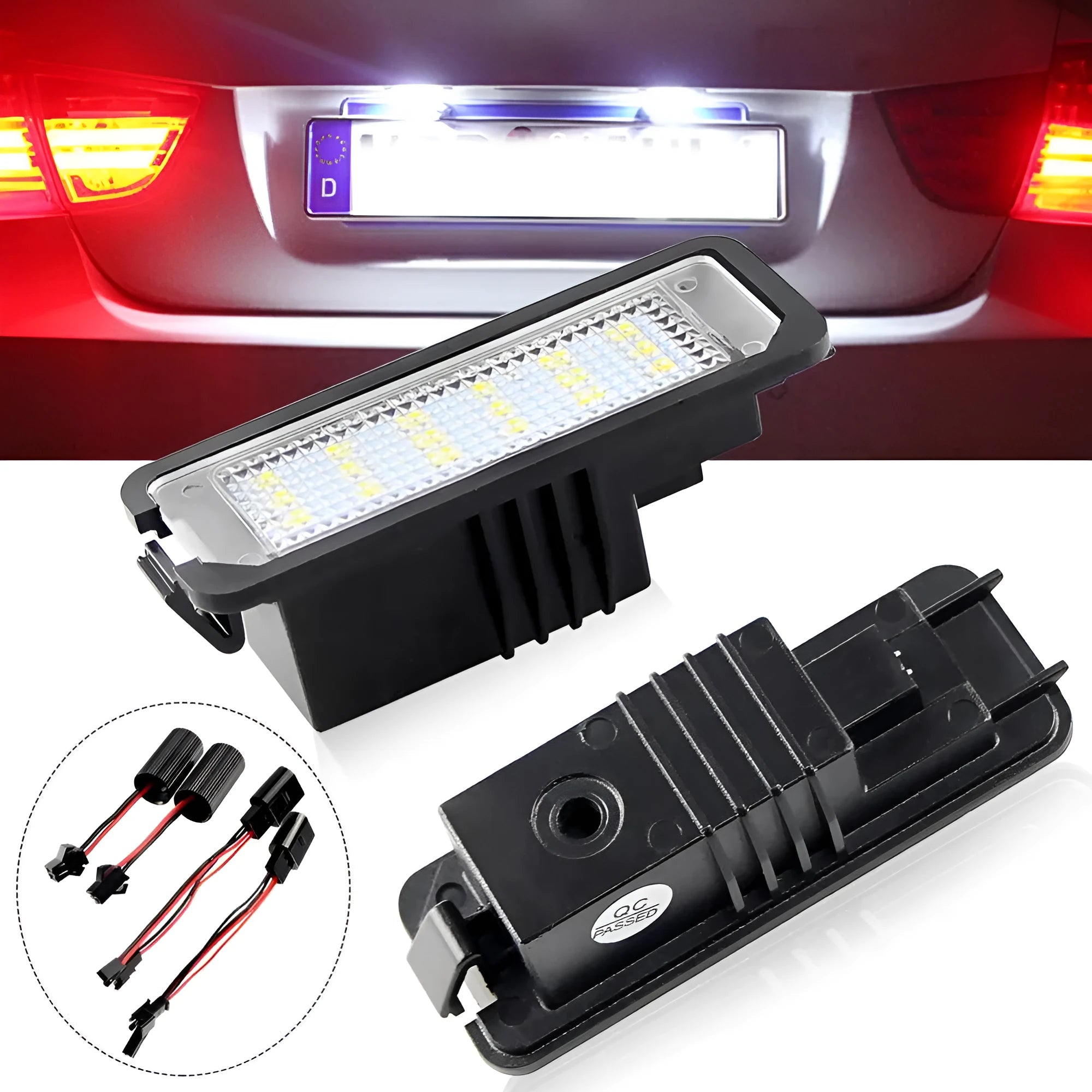 Volkswagen LED licence plate light upgrade kit for Golf, Polo, Phaeton models with white light.