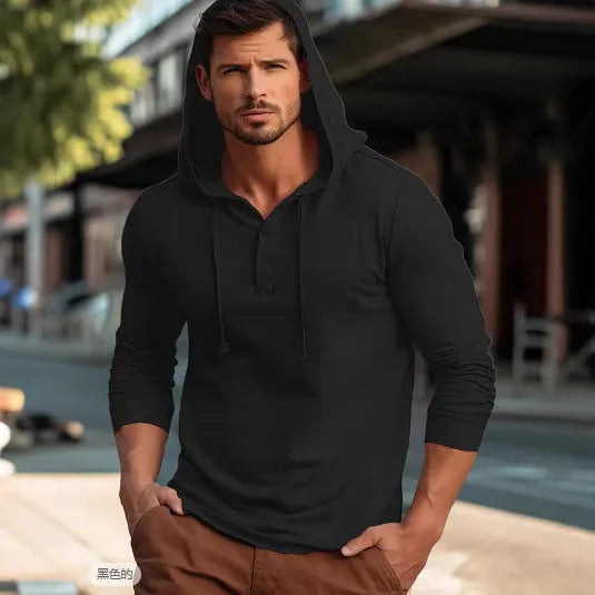 Casual cotton pullover hoodie in multiple colours, showing long sleeves and hood, sized for European and American fit.