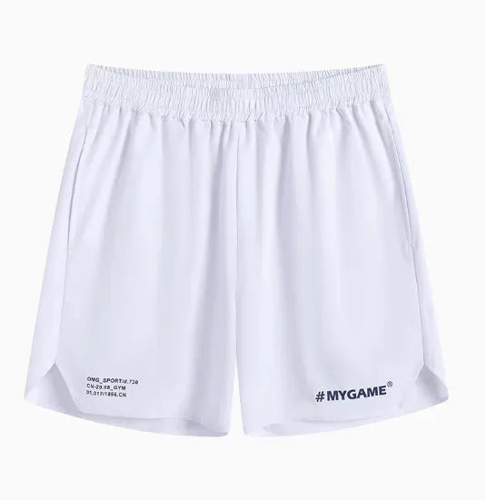 Men's fitness training shorts in black, blue, grey, or white with moisture-wicking fabric.