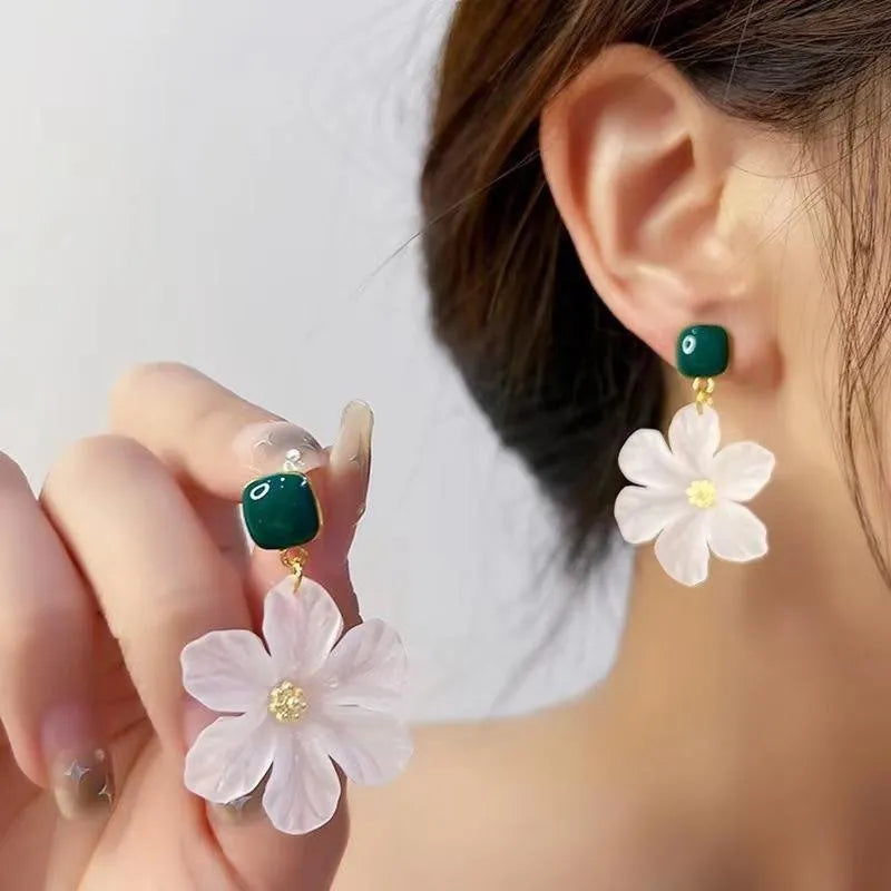 Dark green floral drop earrings with sterling silver accents and needle flowers design for women