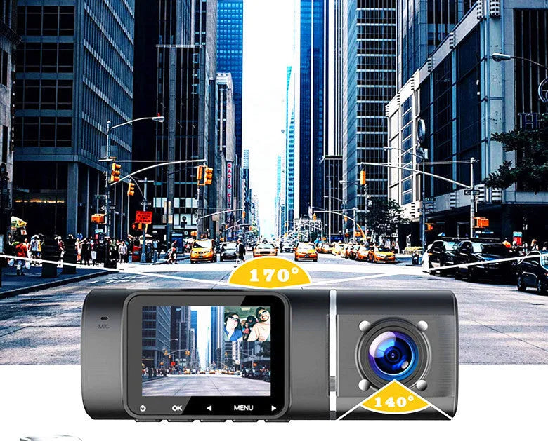 Black car dashcam with 1.5-inch screen showing dual camera recording display for front and rear vehicle monitoring