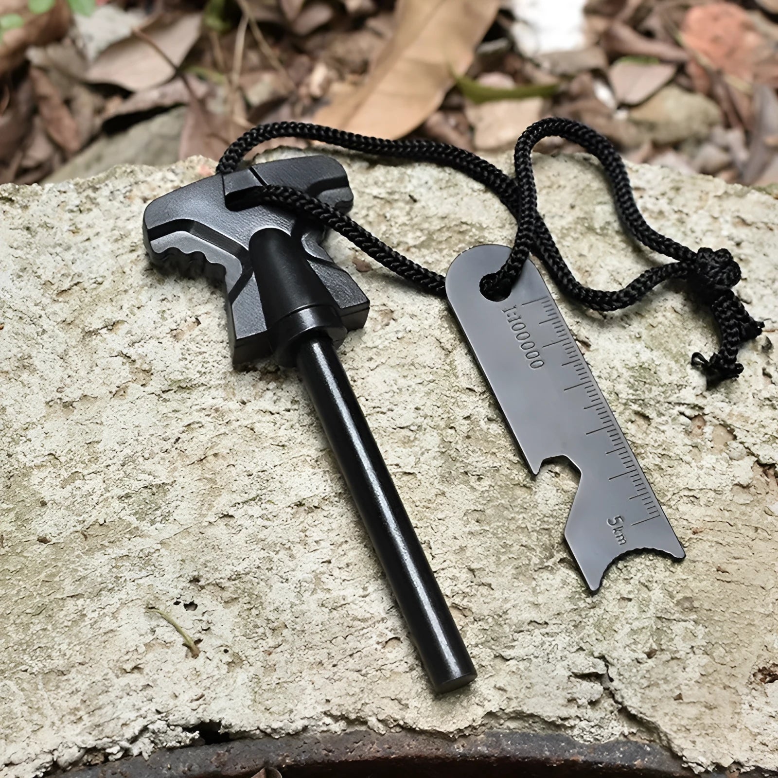 Butterfly-shaped stainless steel firestone survival tool with doctor blade and bottle opener.