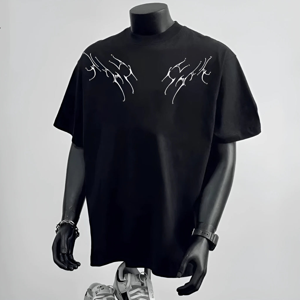 Men's loose fit cotton short sleeve T-shirt in black or white with printed design