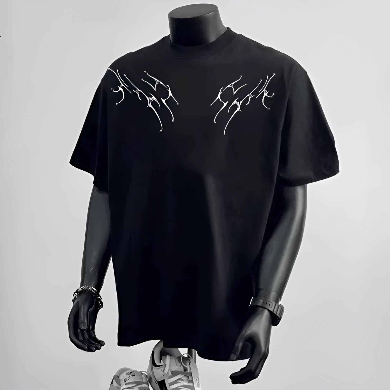 Men's loose fit cotton short sleeve T-shirt in black or white with printed design