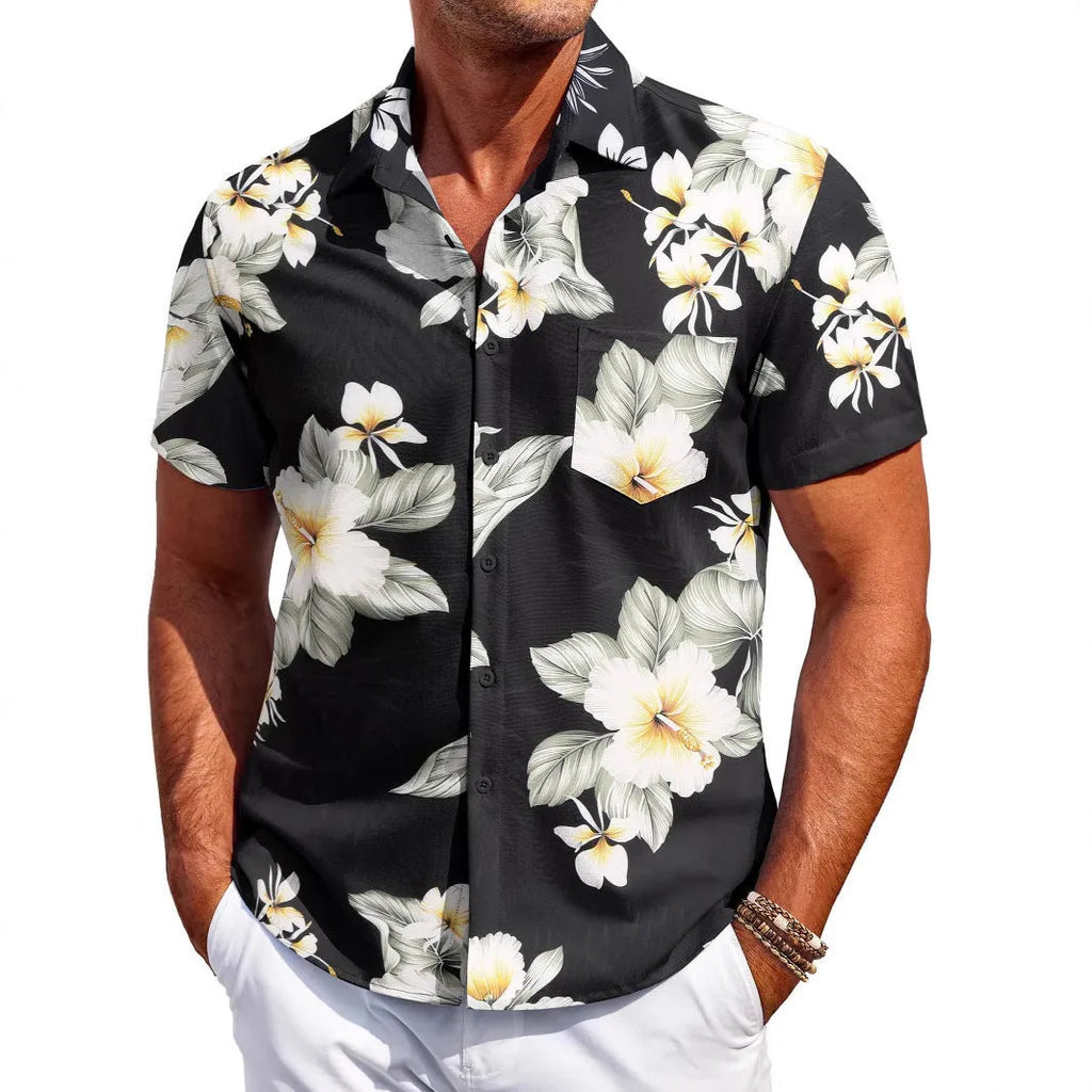 Man wearing a slim fit, short sleeve cardigan-style shirt in a solid colour.