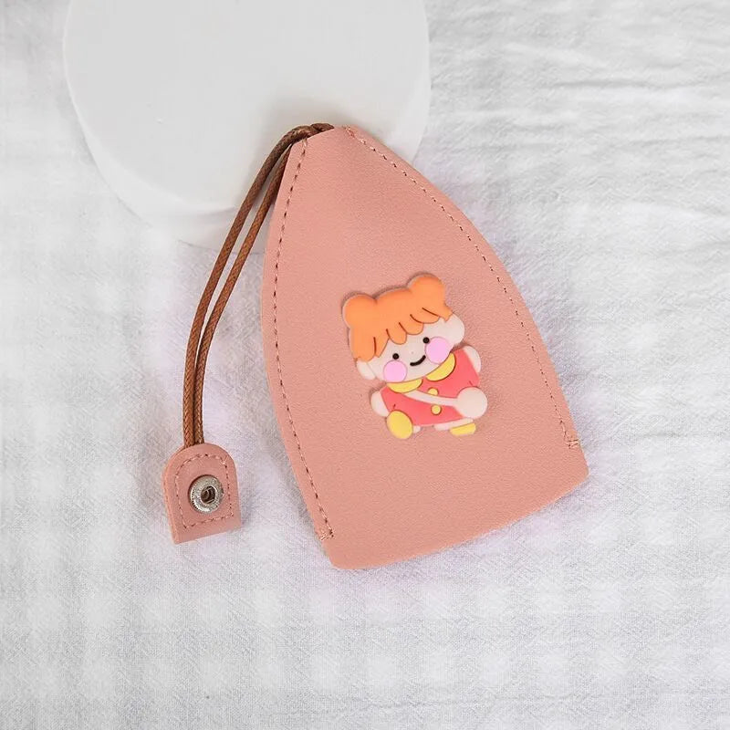 Colourful cartoon pull-out key protector case made from PU leather, showing a selection of fruit and animal designs.