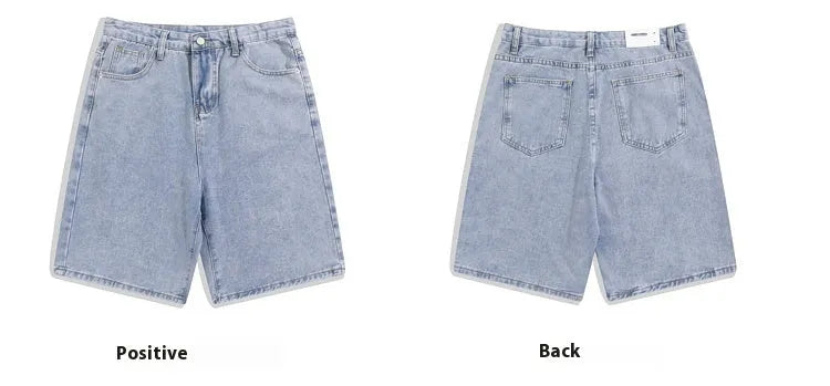 Men's light blue denim shorts with straight-leg cut and mid-waist fit on hanger