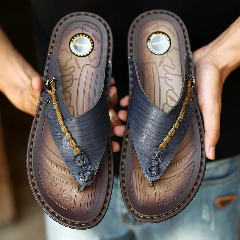 Men's dark blue plus size outdoor slippers with herringbone pattern and rubber sole