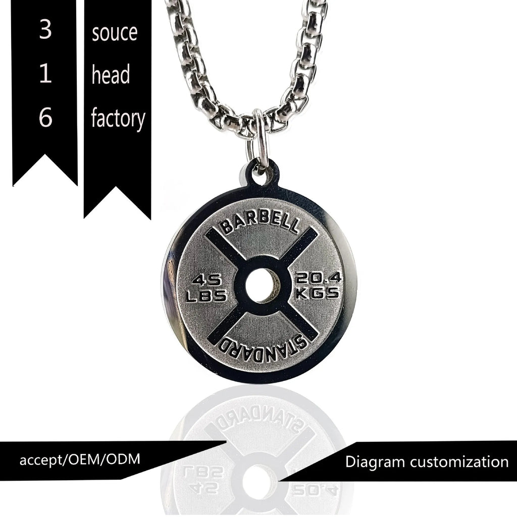 Polished stainless steel barbell disk necklace pendant with geometric design