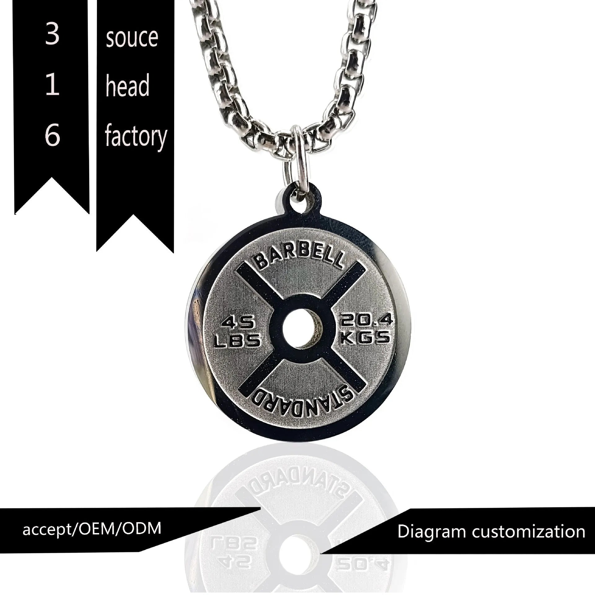 Polished stainless steel barbell disk necklace pendant with geometric design