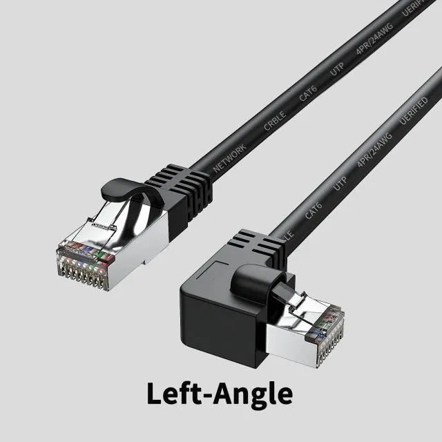 Cat6 Ethernet cable with right-angled metal RJ45 connector in various colours and lengths