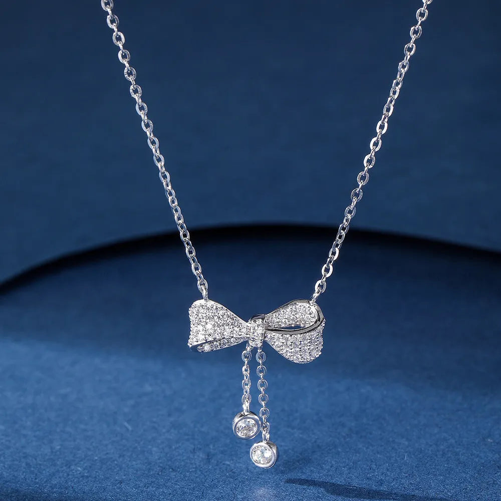 S925 sterling silver bow necklace with O-ring chain and adjustable 40-45cm length