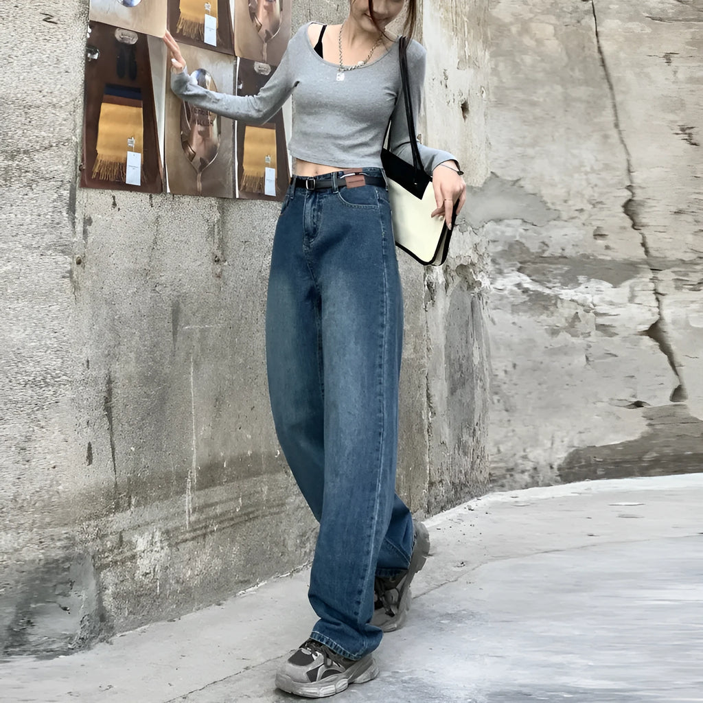 Women's straight leg jeans in retro blue cotton denim with high waist design