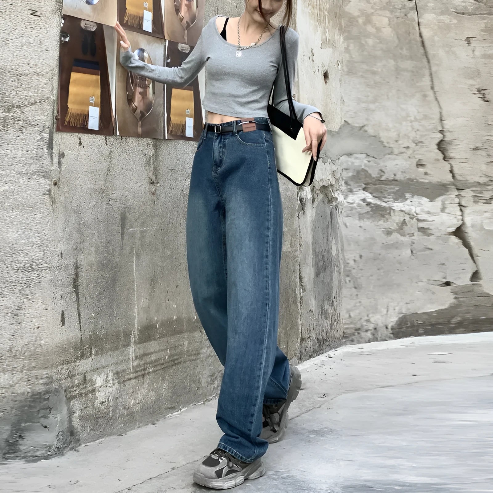 Women's straight leg jeans in retro blue cotton denim with high waist design