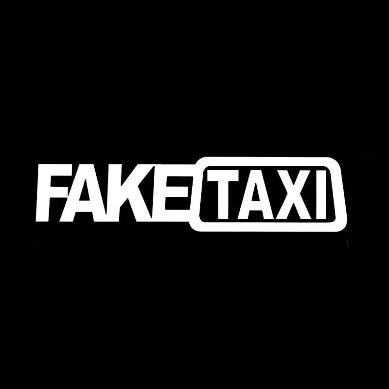 Waterproof FAKE TAXI car warning sticker in yellow, 20cm by 8cm, on a vehicle window.