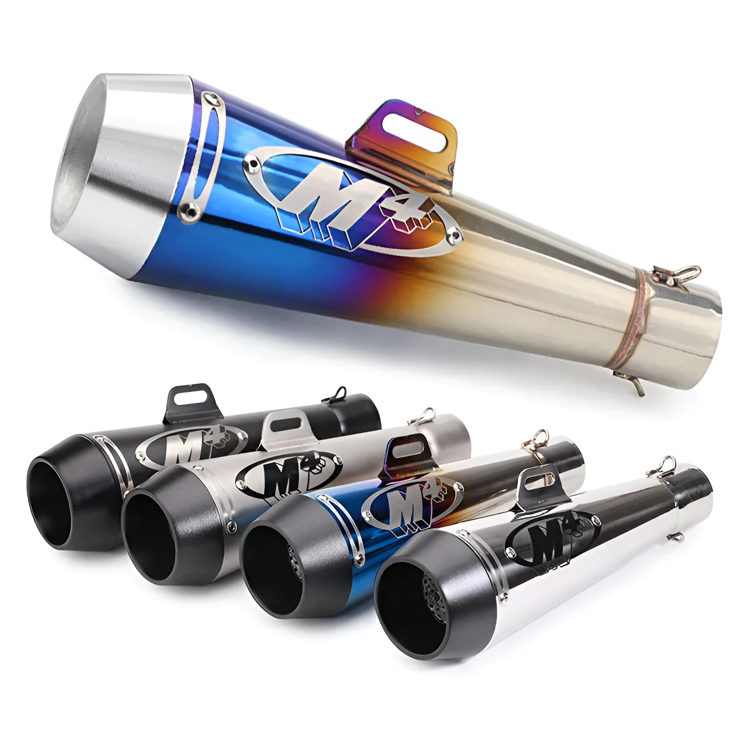 M4 universal motorcycle exhaust pipe in titanium, black and blue finish options