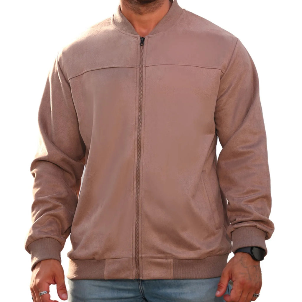 Men's suede flight jacket solid colour with round hem and long sleeves