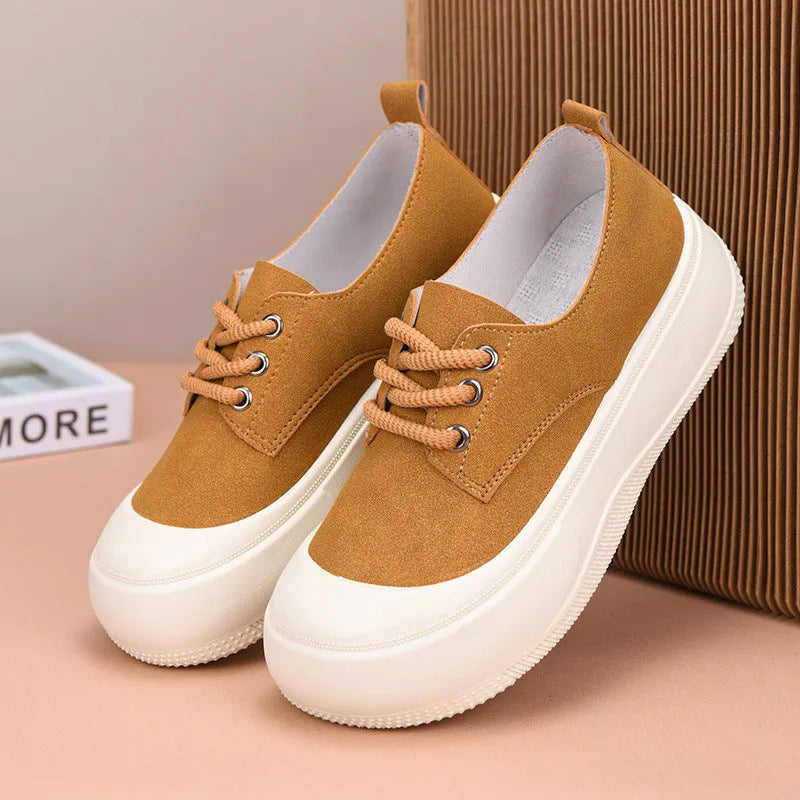 Women's beige suede platform loafers with lace-up front and round toe on a flat 4CM rubber sole.