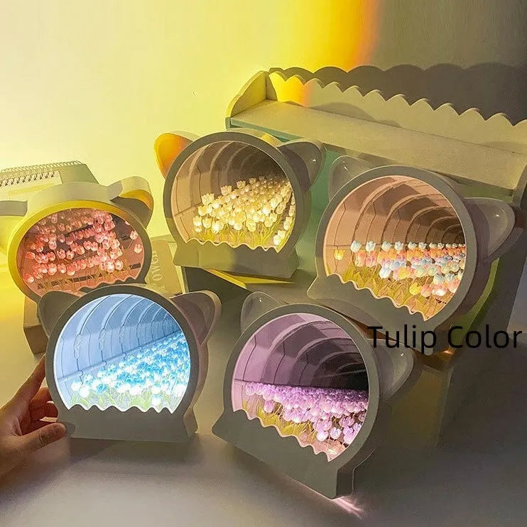 DIY Cat Head Tulip Flower Sea Night Lamp craft kit with tulip materials on a table