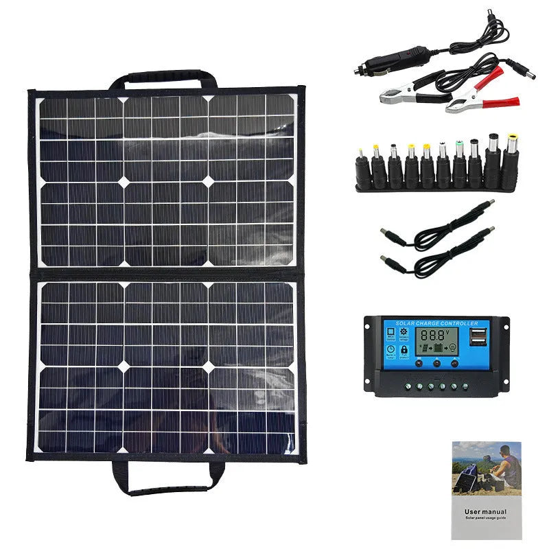 Black 40W portable solar folding panel showing folded dimensions of 425x285x8mm with single crystal cells