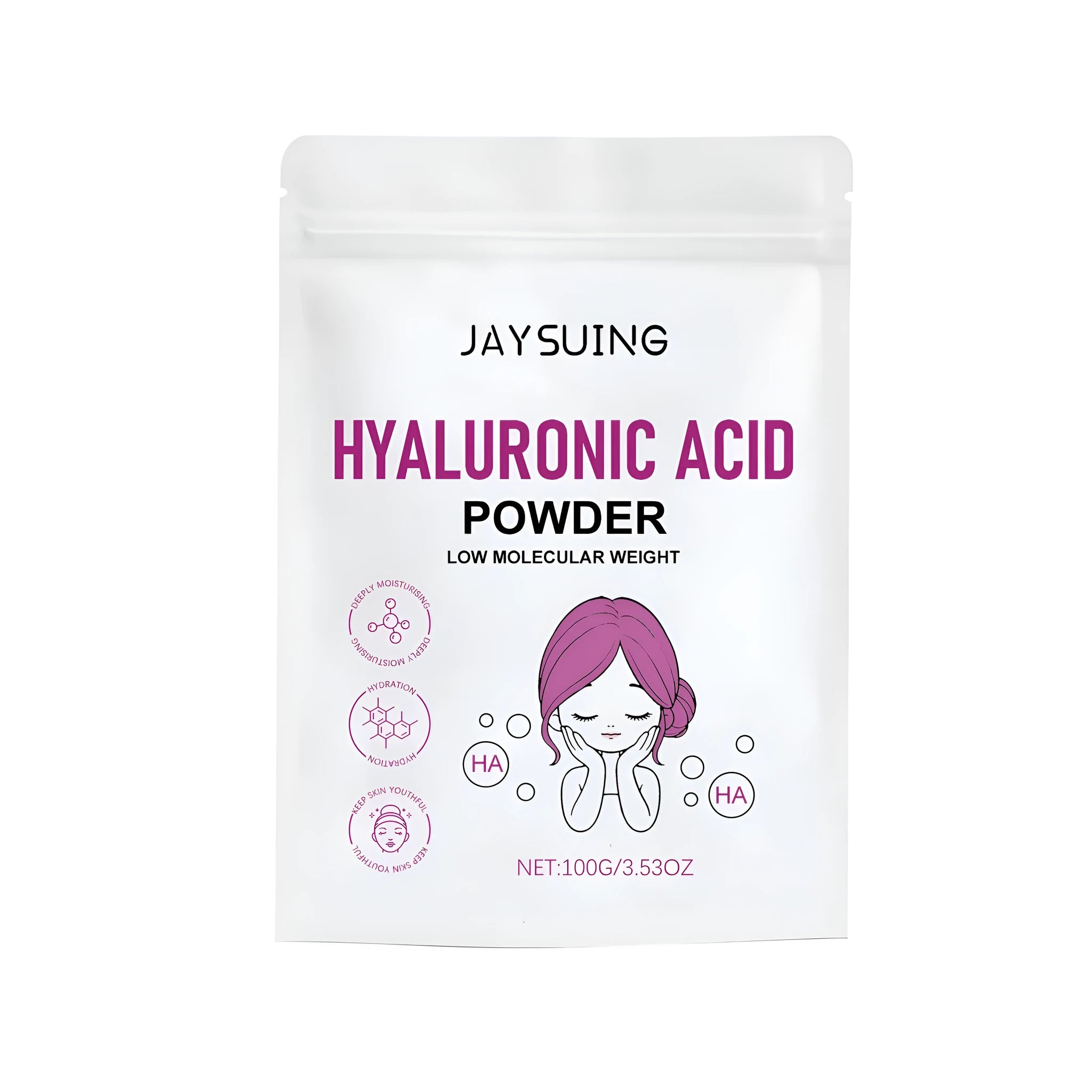 100g container of hyaluronic acid powder for making a DIY facial mask, with listed ingredients.