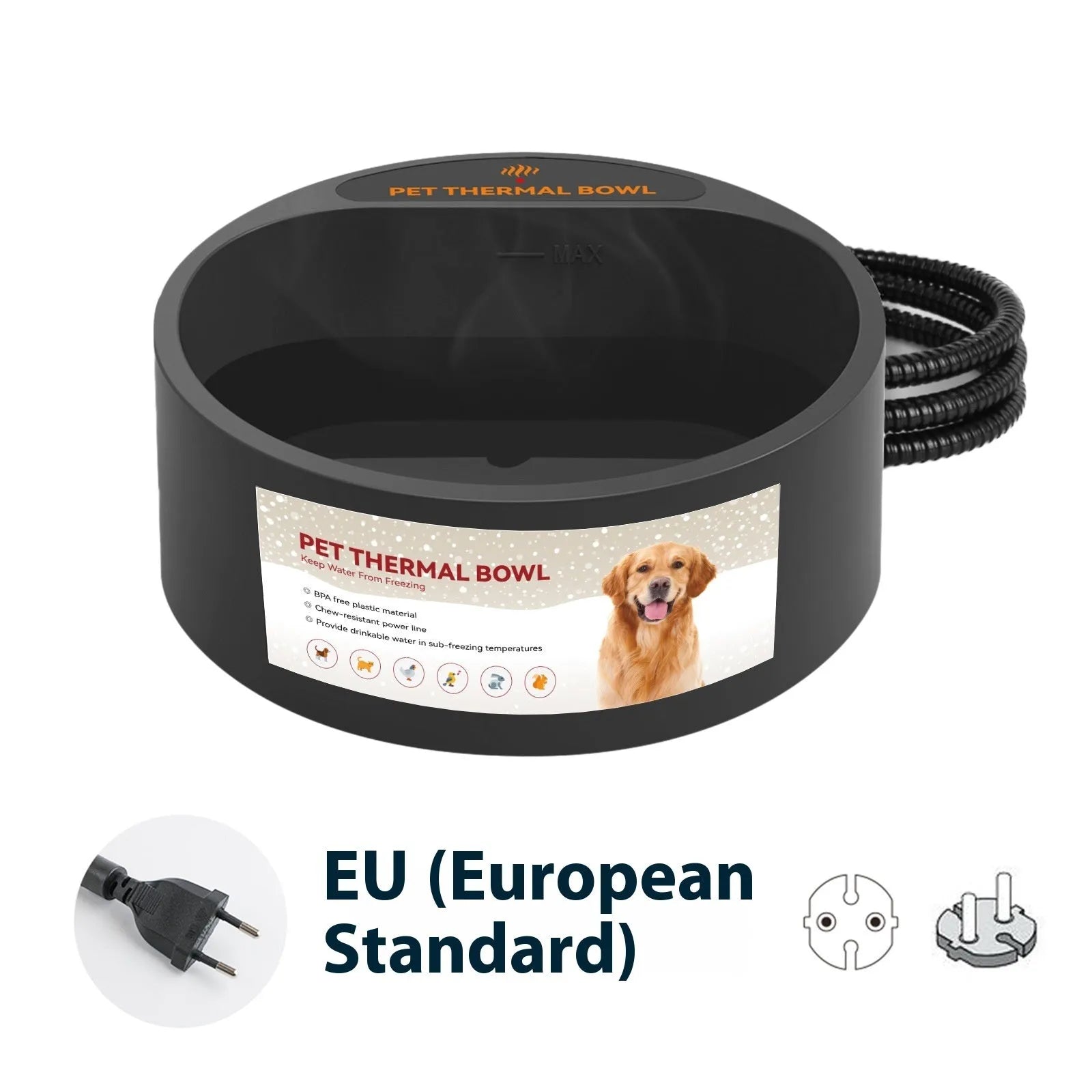 Black ABS plastic pet heating bowl with 2.2 litre capacity and electrical cord