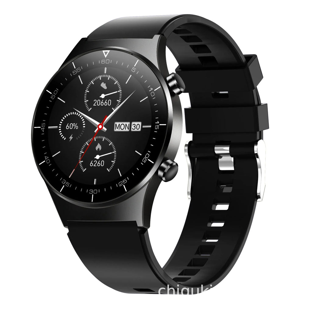 Black smart watch with TPU wristband showing heart rate monitoring display on 1.28-inch touchscreen