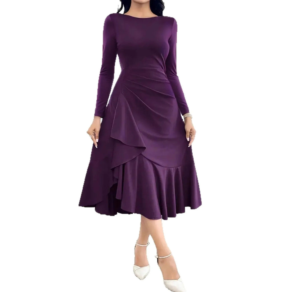 Purple women's dress with ruffles detail and long sleeves