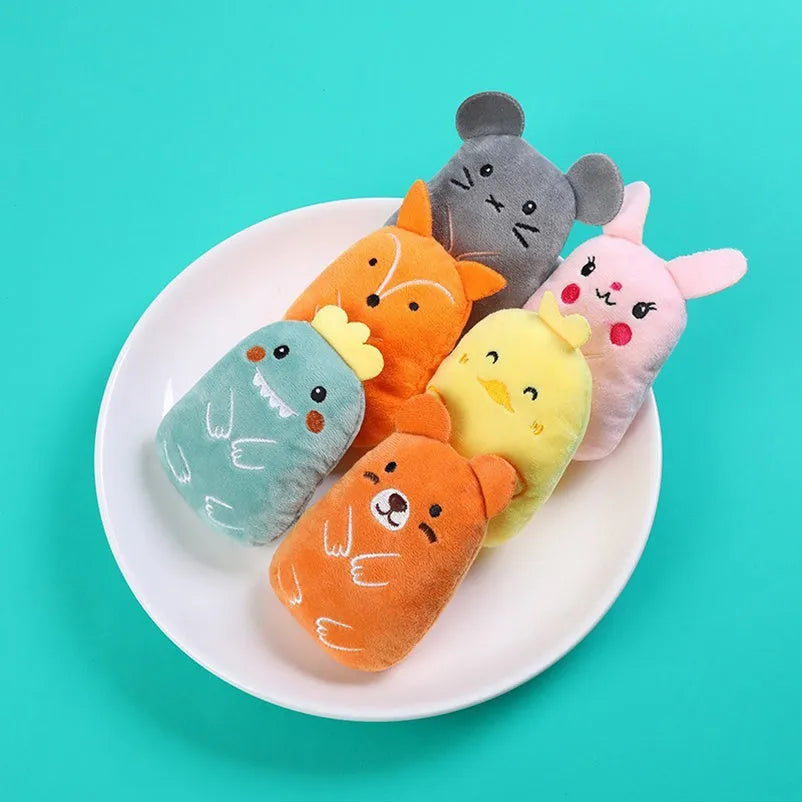 Small plush catnip toy with a squeaker for cats to chew and bite, shown in assorted colours.