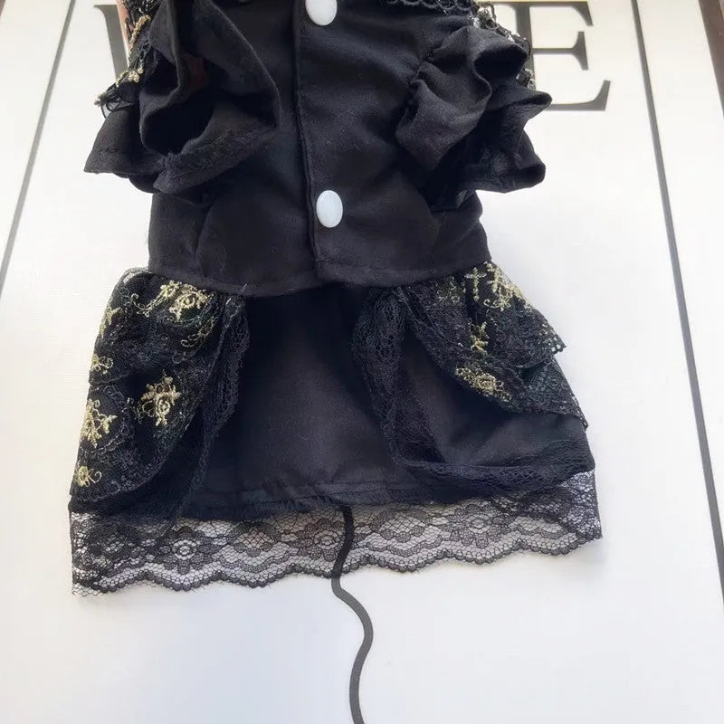 Golden gothic princess skirt for small dog or cat showing size measurements
