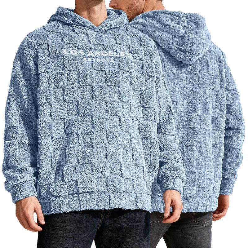 Men's hooded polar fleece thickening pullover sweater in beige, loose leisure sports style with long sleeves