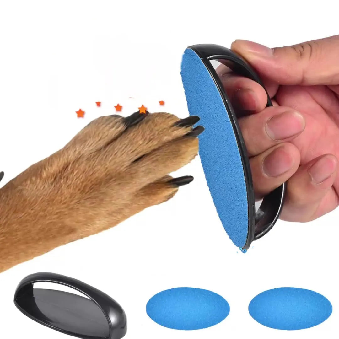 Dog nail scratch board with ergonomic handle showing sandpaper surface and colour options