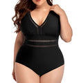 Black printed plus size women's bikini swimsuit with stitching detail in larger sizes