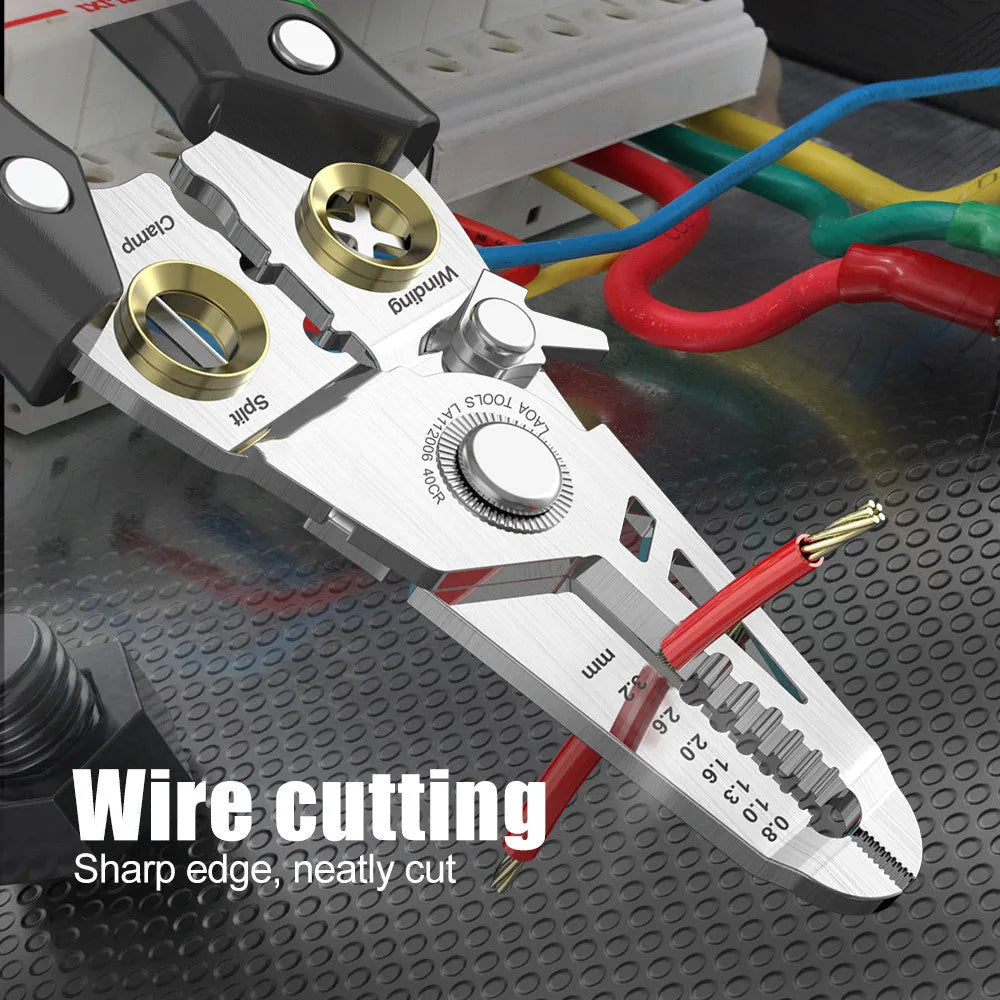 7-in-1 stainless steel wire stripper tool with two-colour ABS handle and seven labelled stripping apertures.
