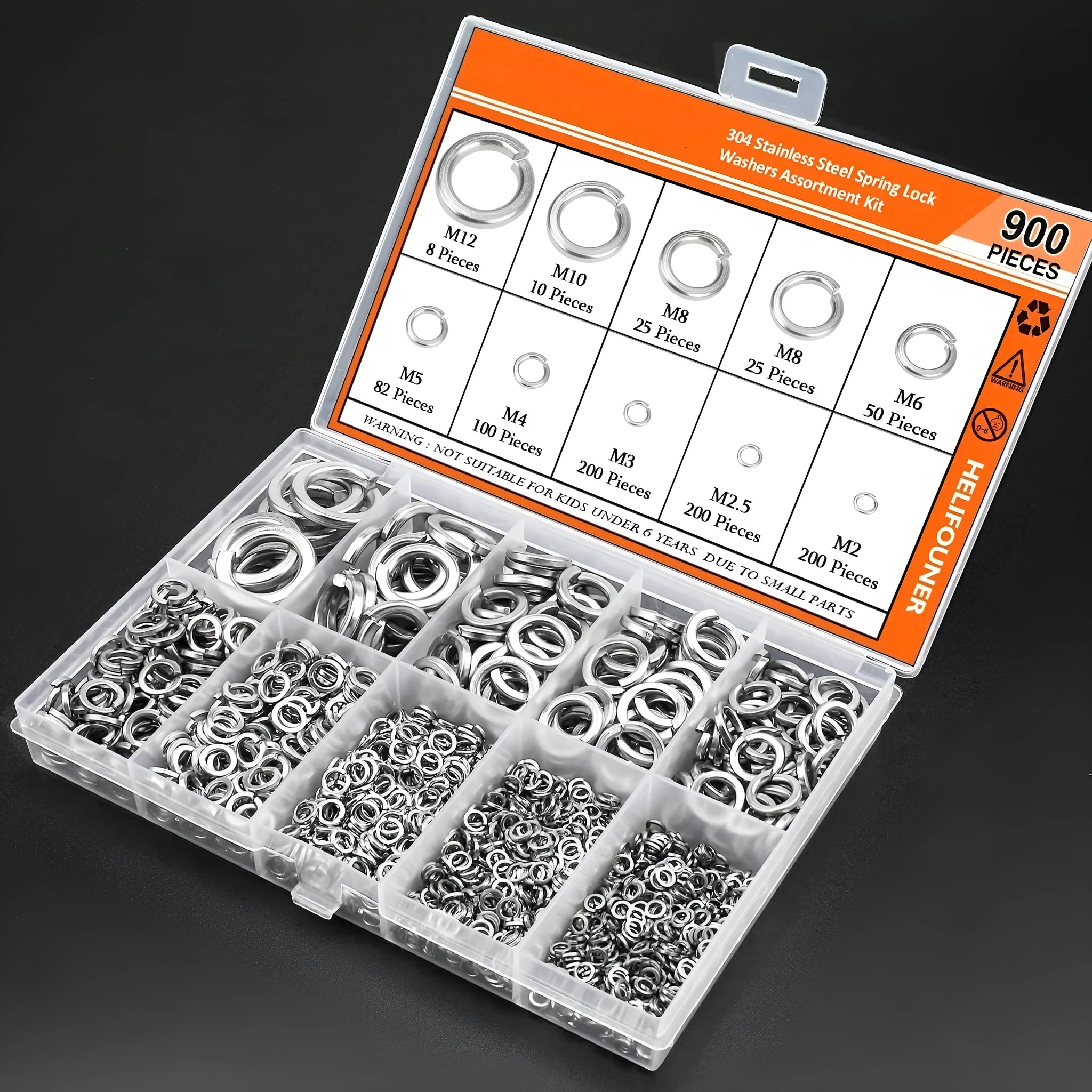 Open box showing assortment of stainless steel flat washers and split lock spring washers in various sizes.