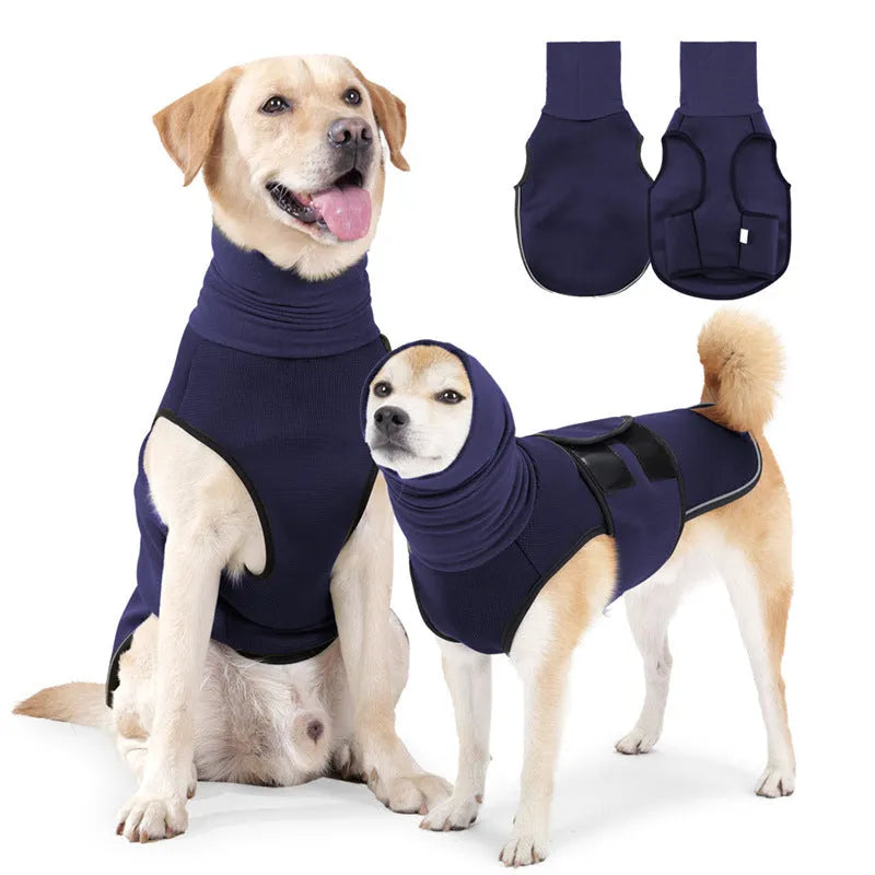 Dog wearing anti-anxiety calming jacket in polyester fabric for mood soothing pressure therapy
