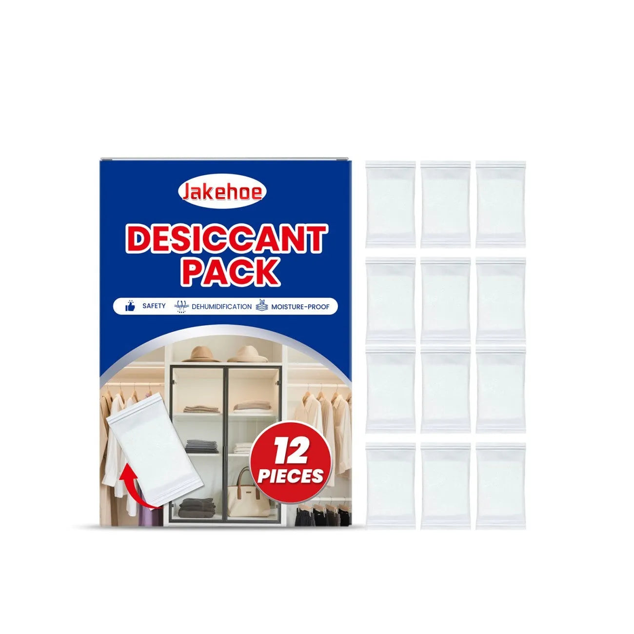 Pack of twelve reusable household desiccant moisture absorber units with hanging bags