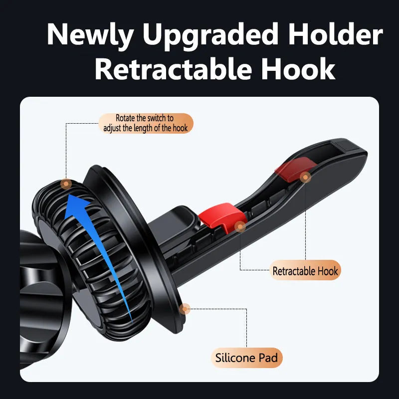 Car air vent magnetic phone holder with snap-on bracket and magnetic guide plate in black or silver colour