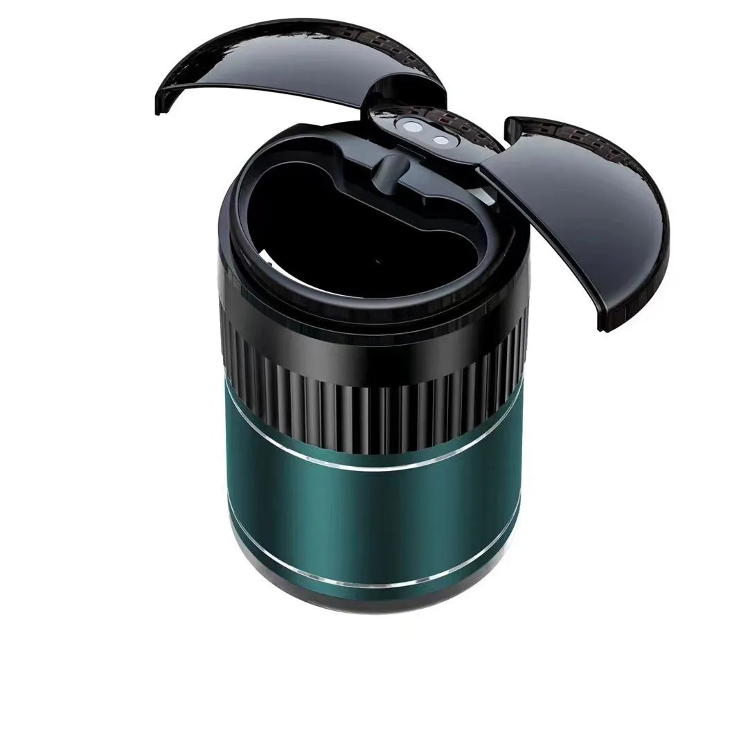 Smart infrared and touch control metal car ashtray in black, 113mm by 72mm, with lid closed