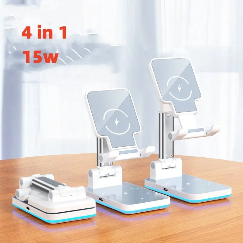 Cool Black desktop wireless charging phone holder with power cord on a wooden desk