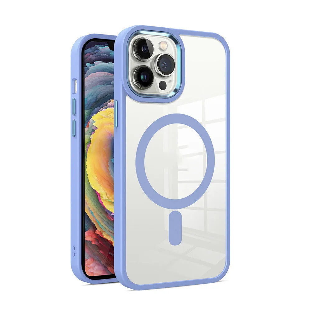 A transparent silicone magnetic phone case for iPhone, shown in a solid colour on a phone.