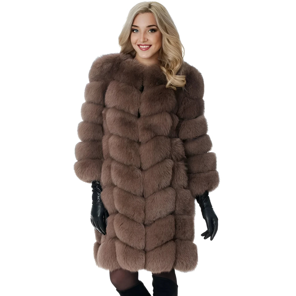 Women's long artificial fur coat in a choice of colours including black, camel, and wine red.