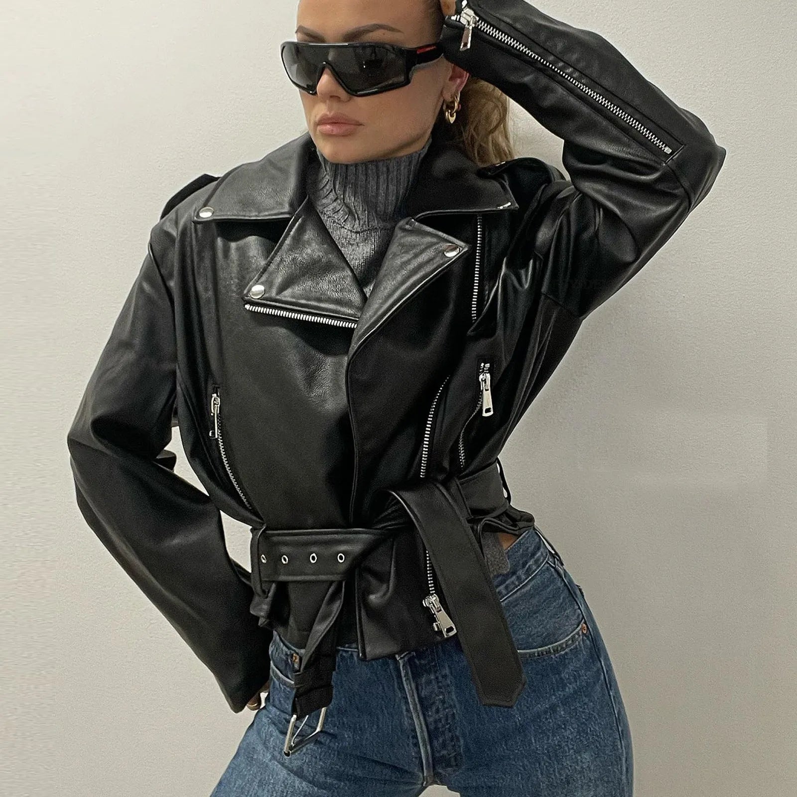 Punk style locomotive jacket with Peter Pan collar and drawstring waist in black
