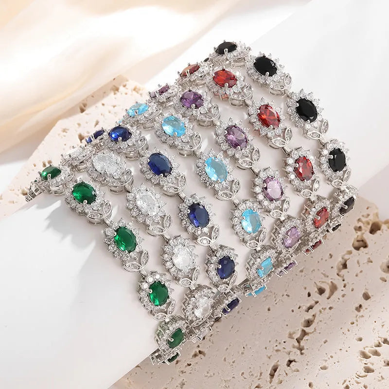 Women's simple zircon-inlaid electroplated alloy bracelet in various gemstone colour options