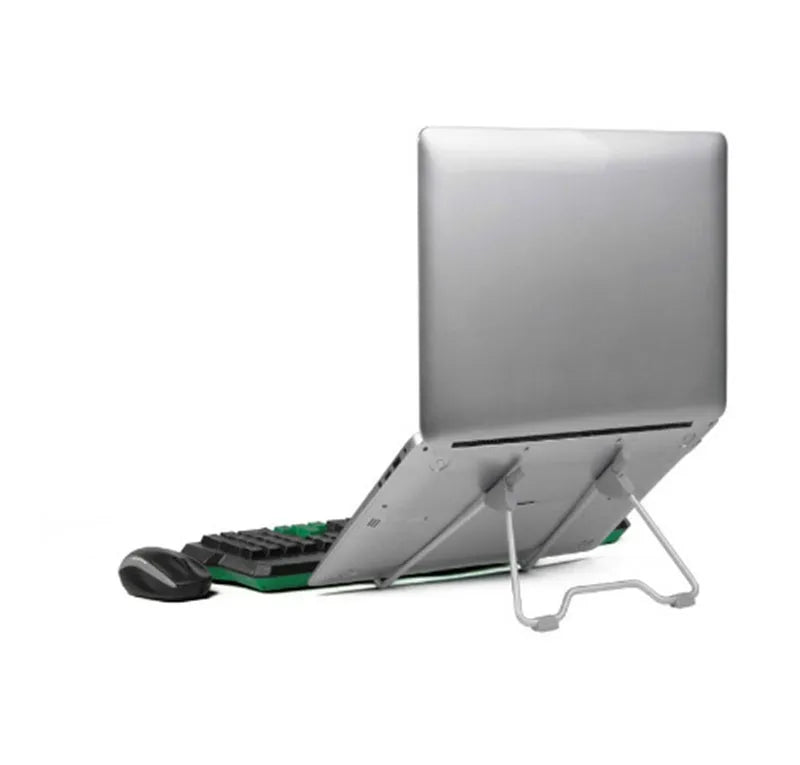 Grey aluminium alloy mobile phone and laptop stand with adjustable angles on a desk