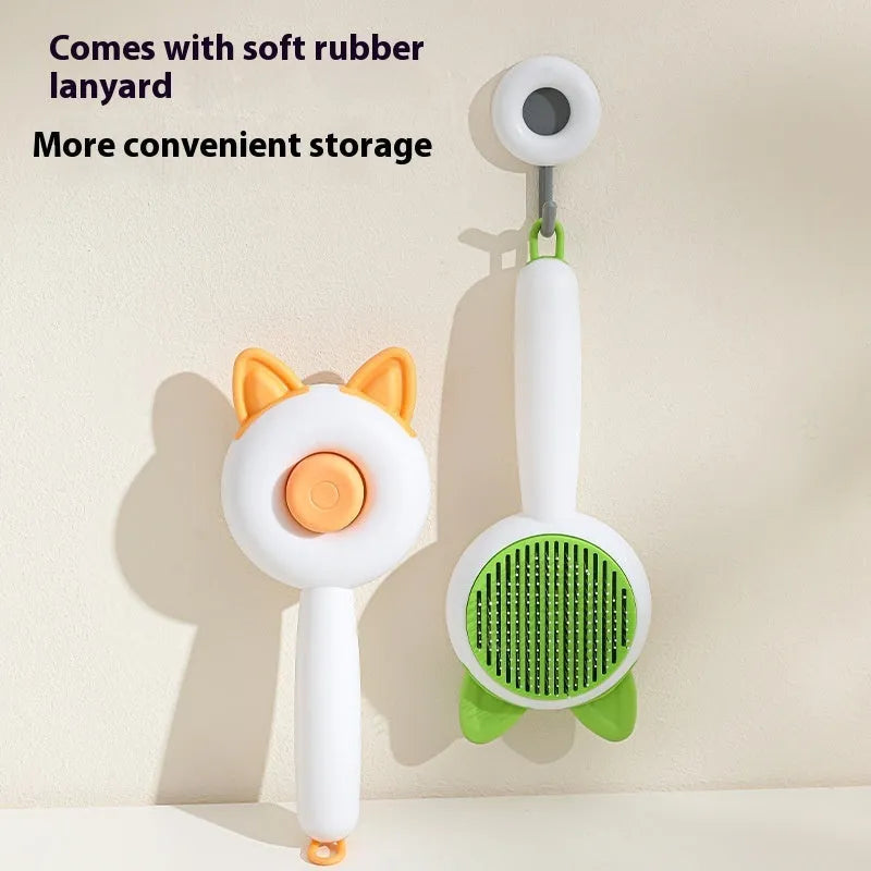 Self-cleaning cat dematting comb grooming tool in greenish white colour with stainless steel tines