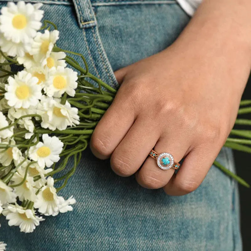 Women's turquoise ethnic style copper ring with micro inlaid zircon and rose gold finish