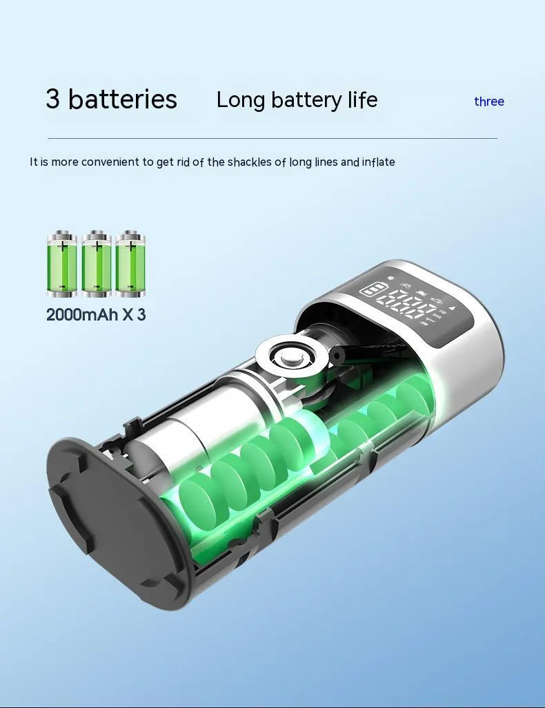 Black portable wireless smart air pump with a 15cm tube and multiple nozzles on a grey background.