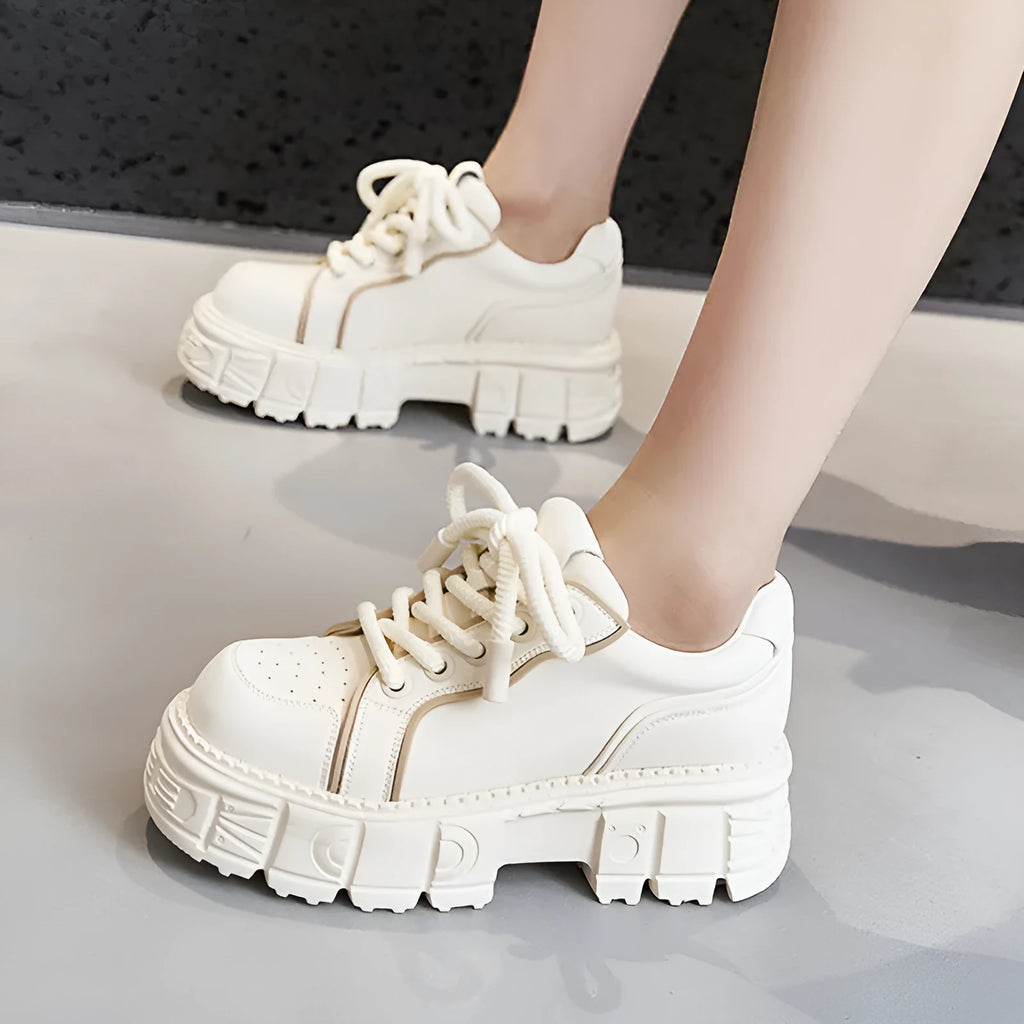 Women's beige leather casual shoes with 7cm muffin bottom heel